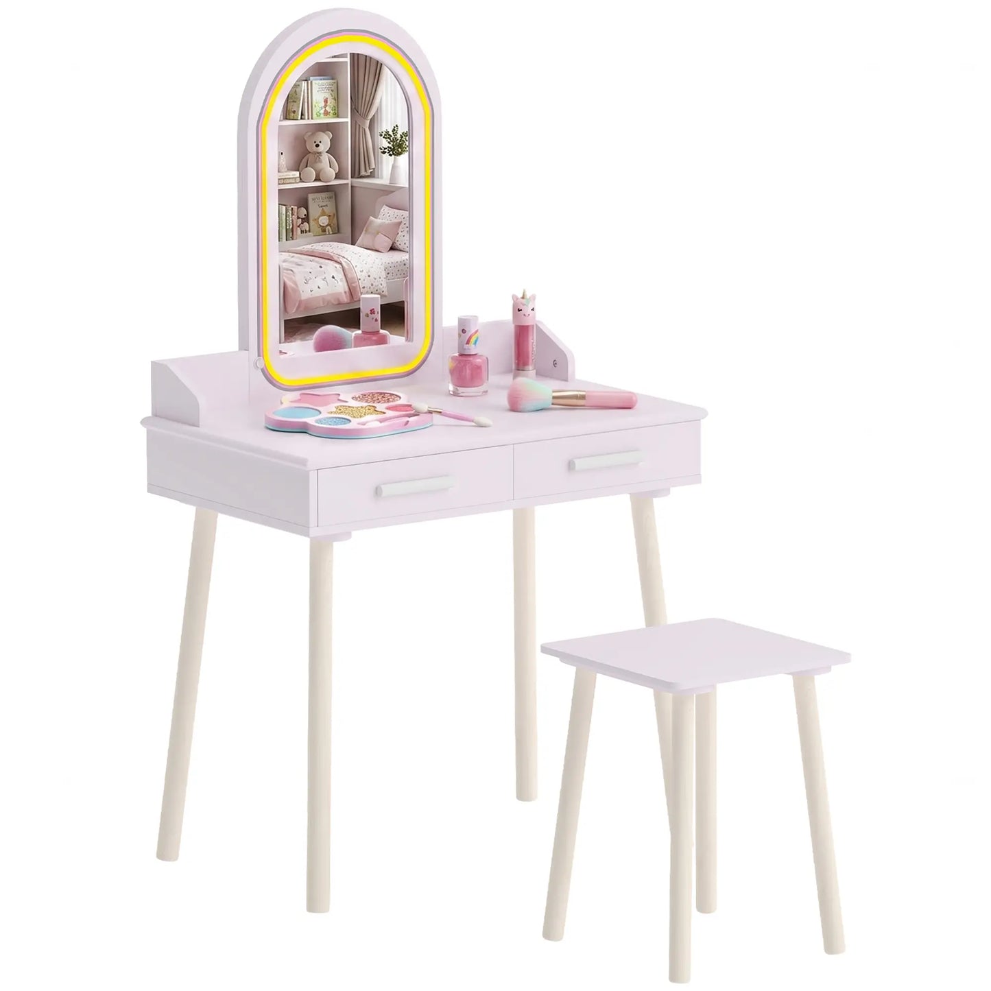 Kids Vanity Set with Stool, LED Mirror, Pink Kids Bedroom Furniture at Gallery Canada
