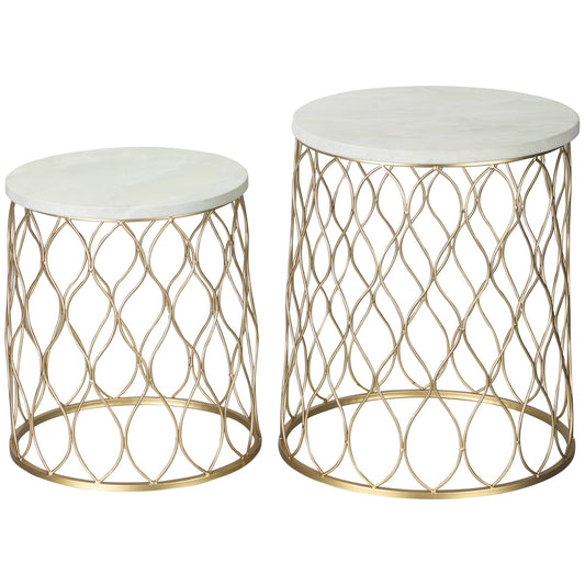 Set of 2 Patio Round Nesting Coffee Table Set, Outdoor Stacking End Side Table with Metal Frame for Garden, Balcony, Backyard, Gold - Gallery Canada
