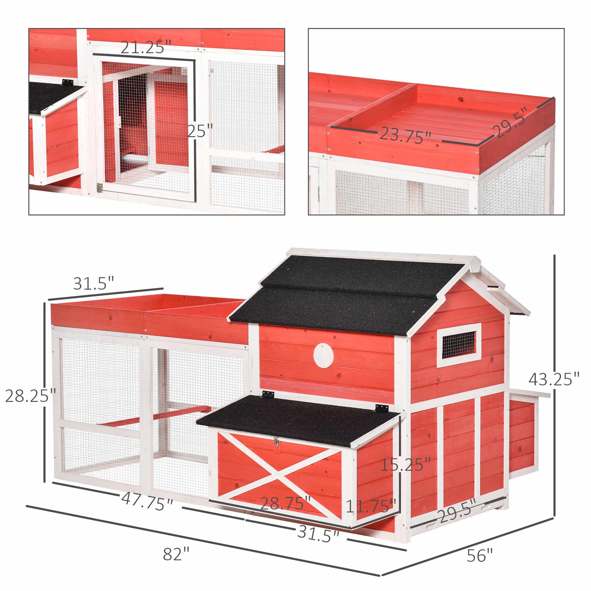 82" Chicken Coop Wooden Rabbit Hutch Small Animal Habitat Hen Ducks House with Run Nesting Box Waterproof Roof, Red at Gallery Canada