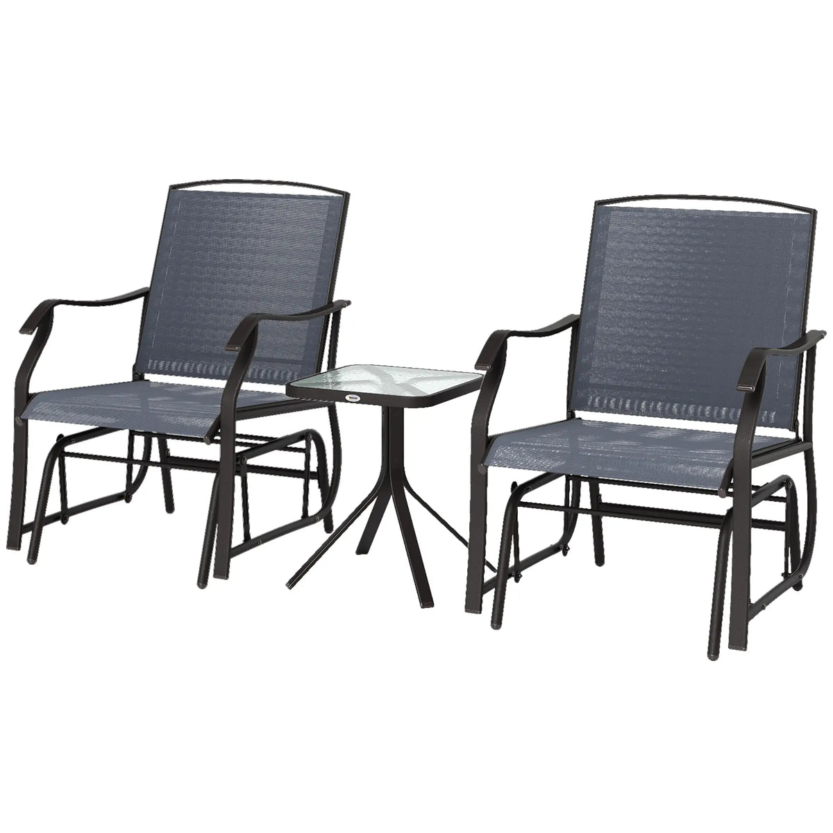 3 Piece Patio Glider Set, Mesh Seat, Glass Top Table, Grey Outdoor Gliders at Gallery Canada