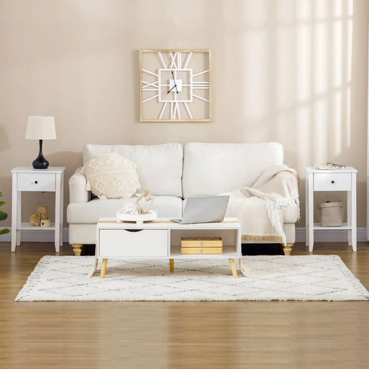 HOMCOM Side Table Set of 2 with Drawer, Shelf, Nightstand, White Side Tables White at Gallery Canada