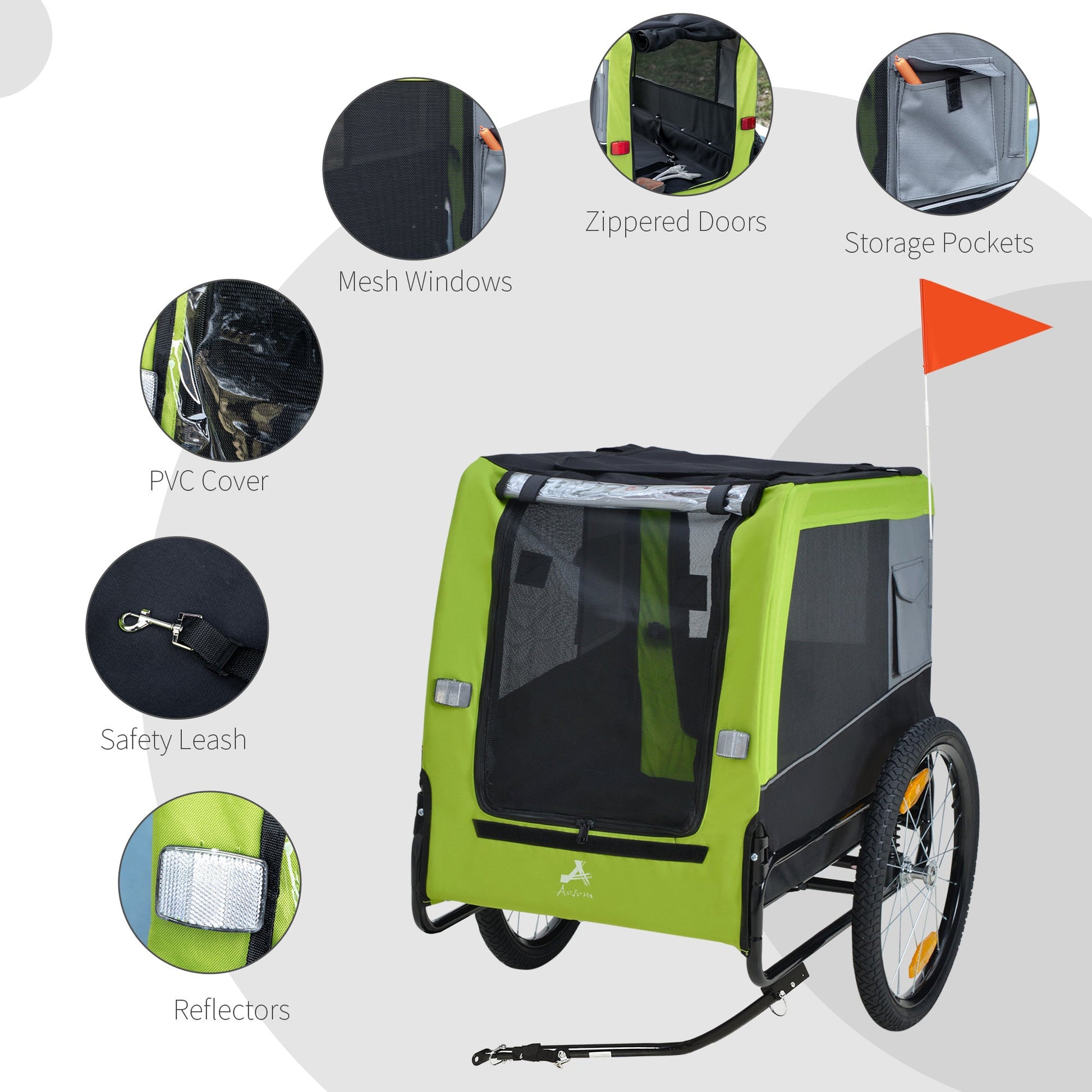 Dog Bike Trailer with Suspension System, Hitch, Pet Bicycle Trailer for Medium Dogs with 20" Wheels, Storage Pockets, Safey Leash, Reflectors, Flag, Green at Gallery Canada