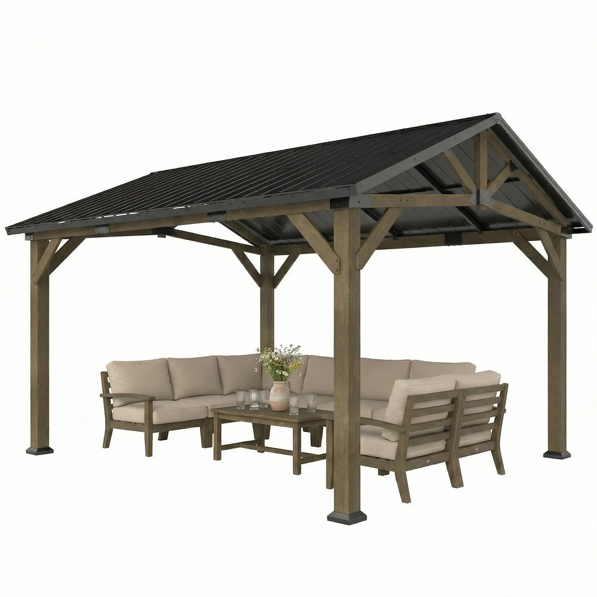 13' x 11' Hardtop Gazebo, Galvanised Metal Roof, Fir Wood Frame, Black Grey