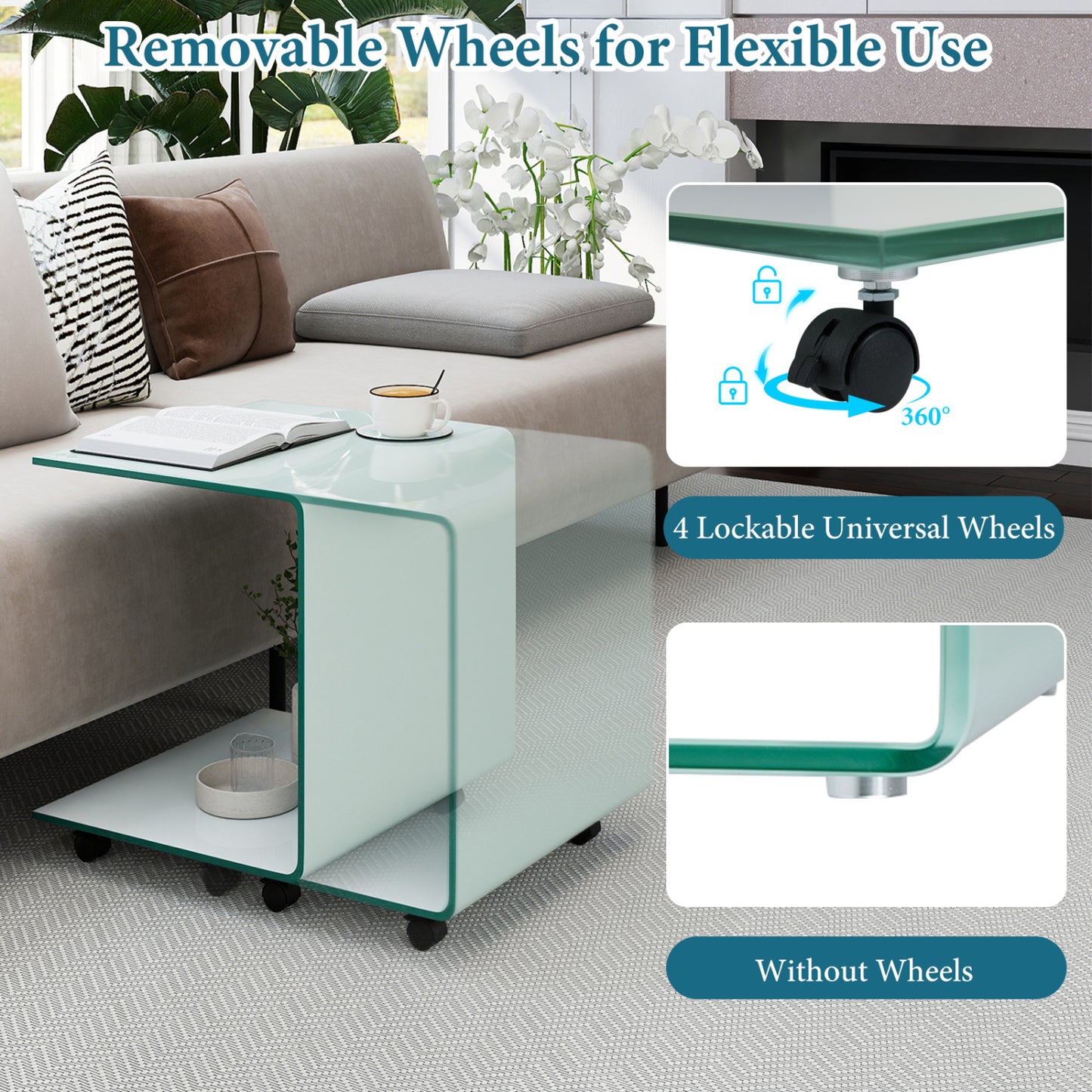 C-Shaped End Table Modern Tempered Glass Side Table with Shelf, White End & Side Tables at Gallery Canada