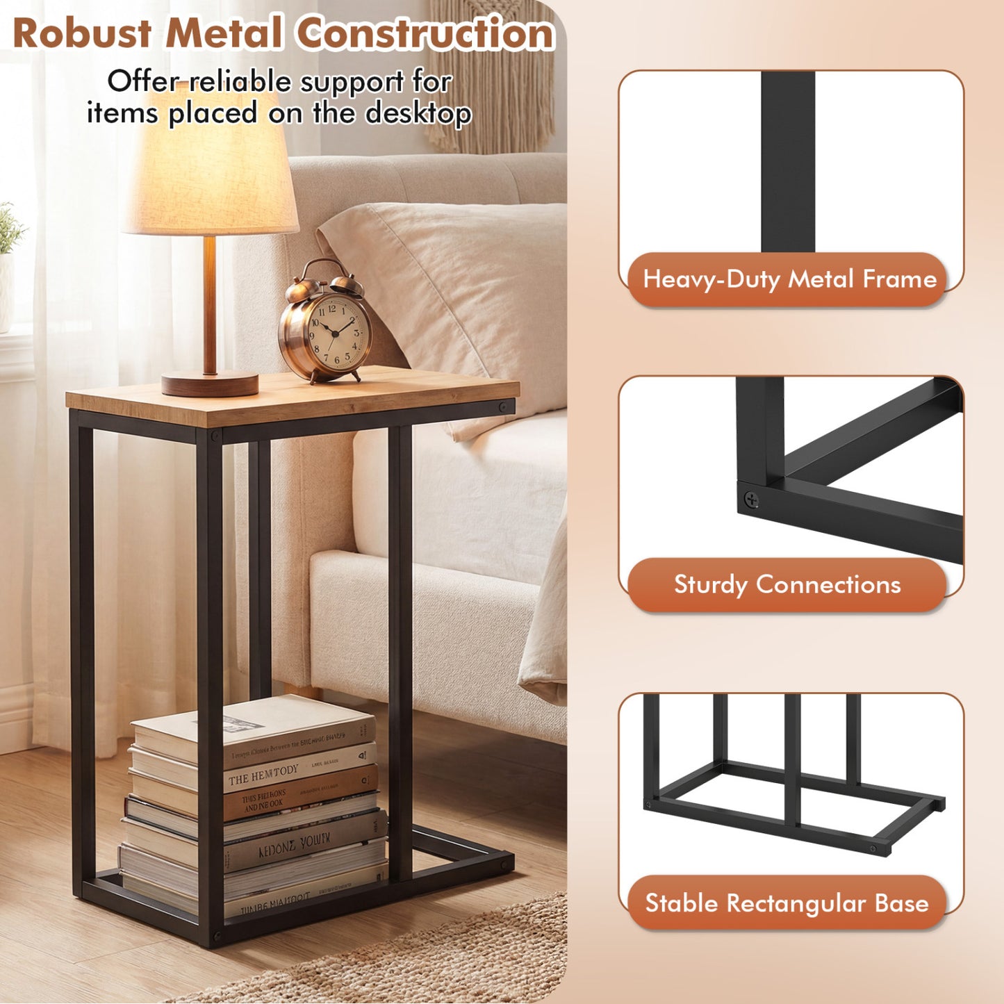 C-Shaped End Table Small Side Table with Sturdy Metal Frame, Natural End & Side Tables at Gallery Canada