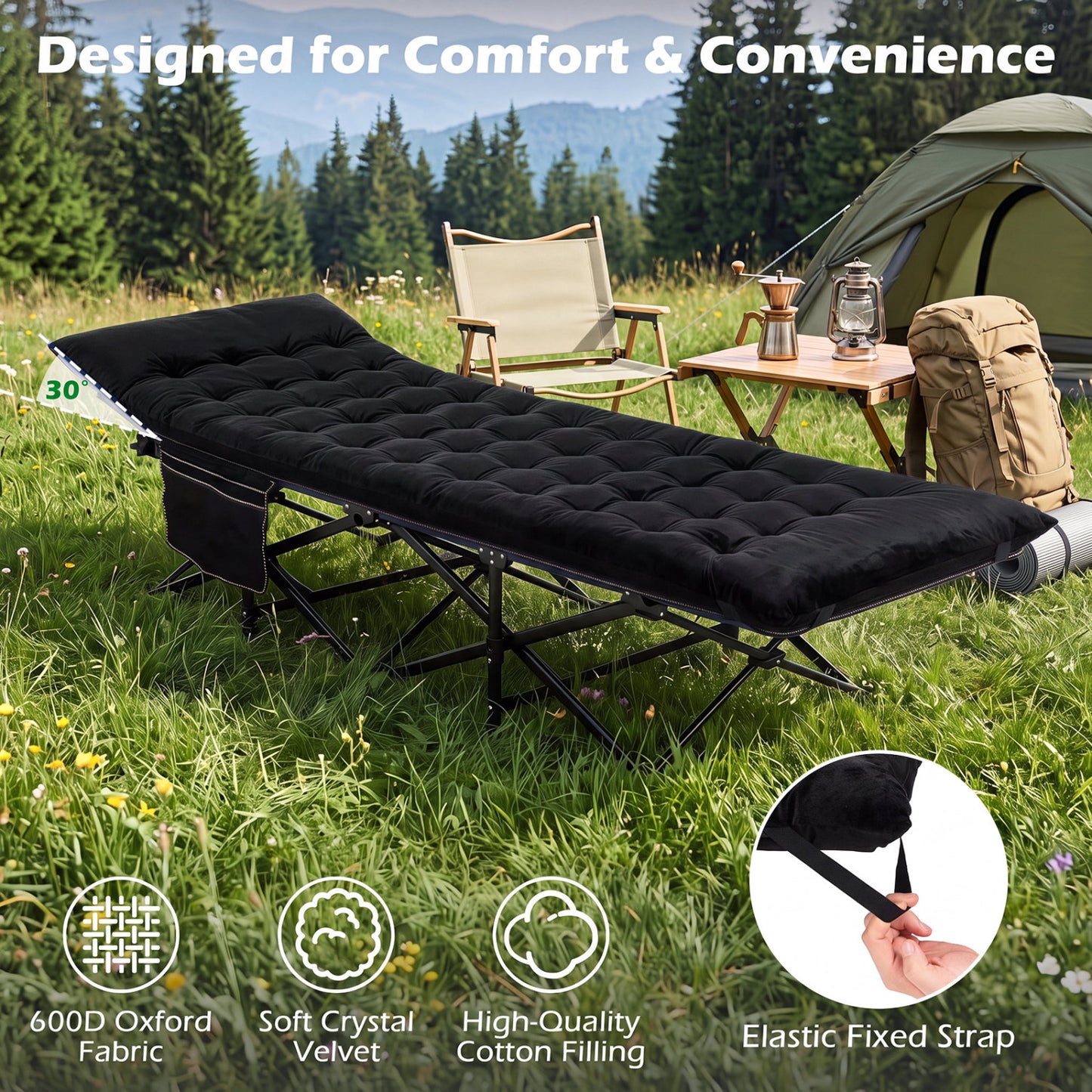 Camping Cot For Adults With Padded Mat, Black