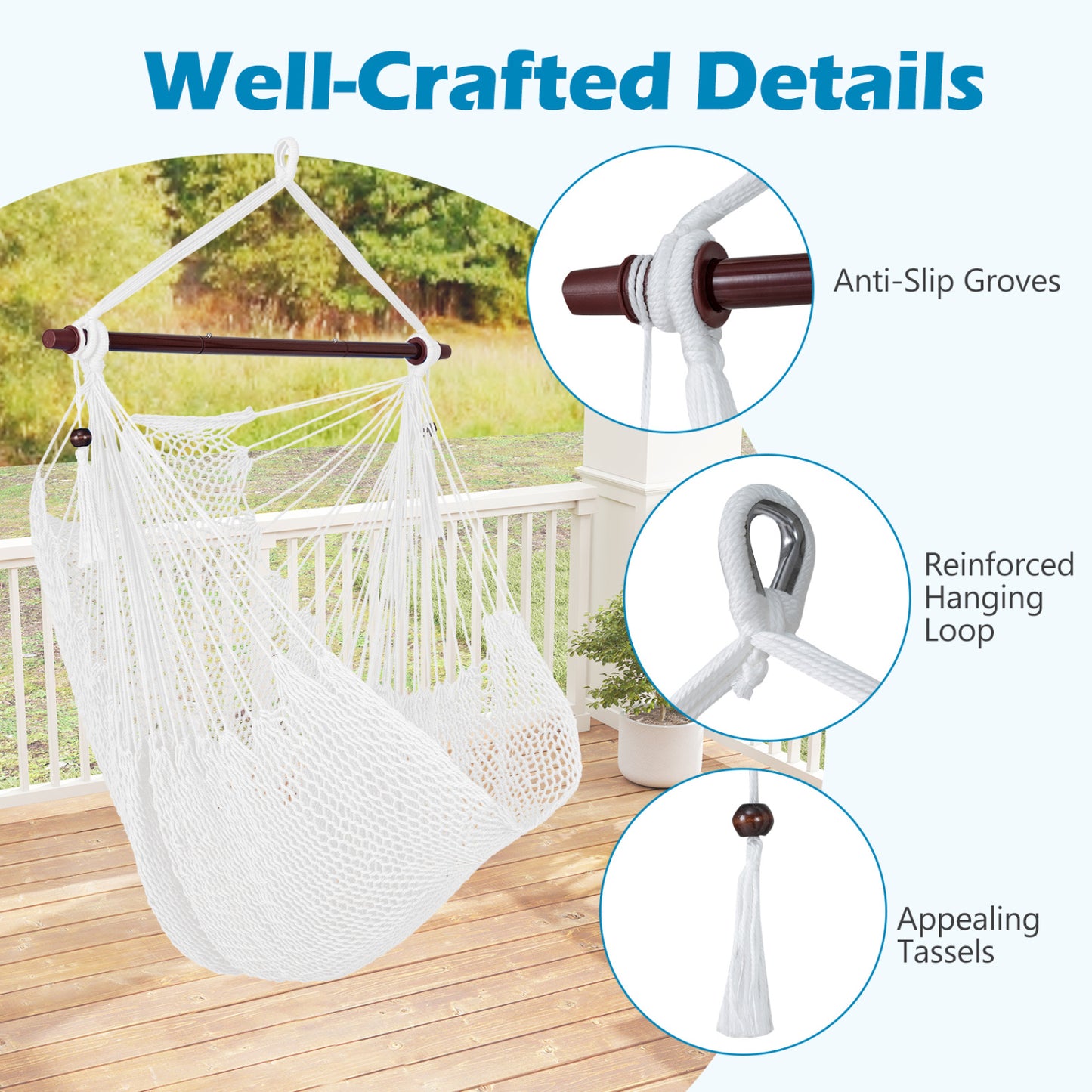 Caribbean Hammock Chair with Metal Spreader Bar Woven Rope Swing, Beige Hammocks at Gallery Canada