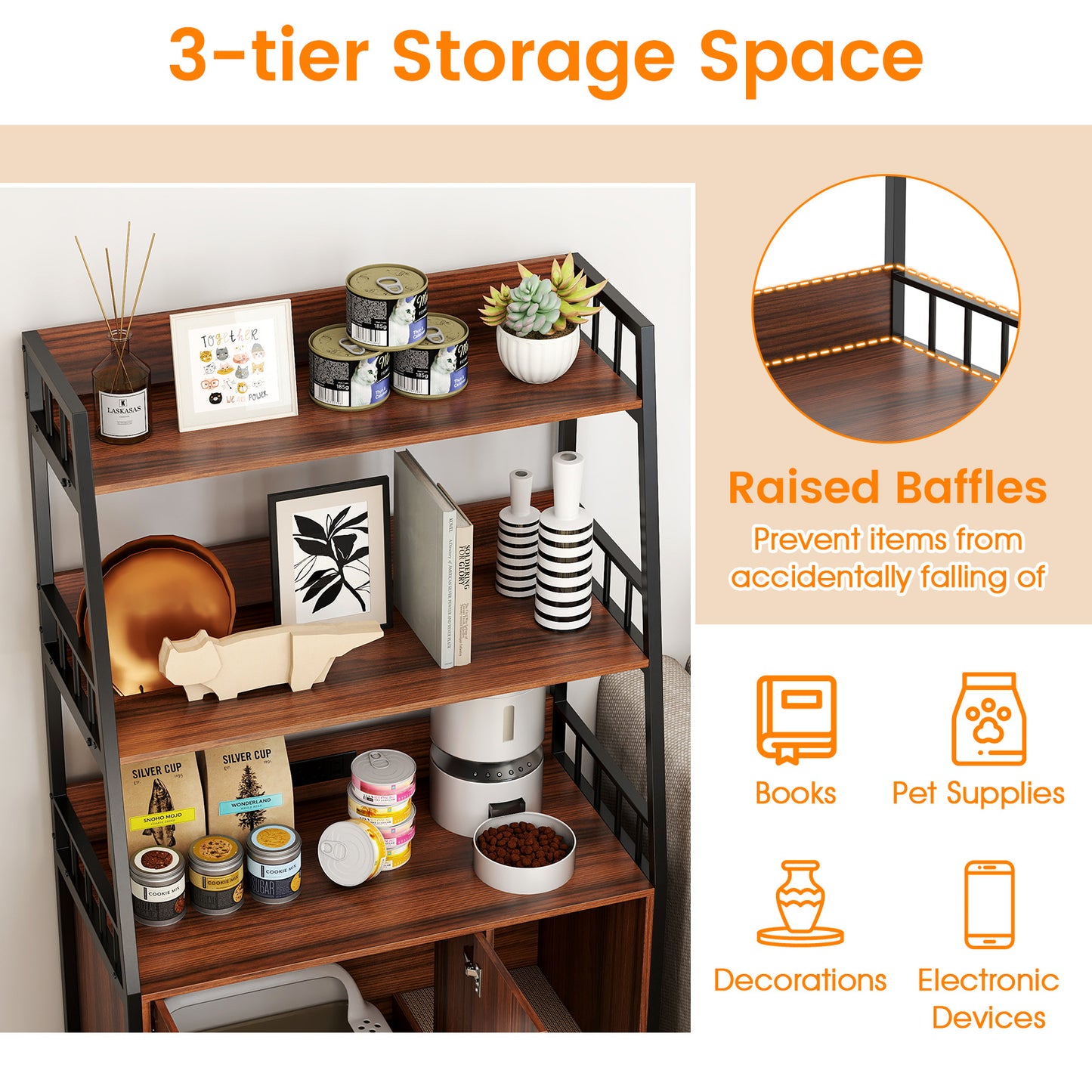 Cat Litter Box Enclosure, Walnut, With Storage Shelves And Scratching Pad Cat Houses at Gallery Canada