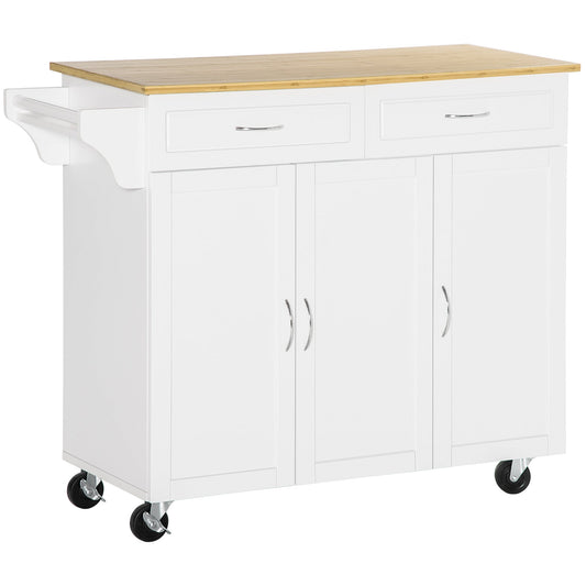 Rolling Kitchen Island Cart on Wheels with Large Bamboo Countertop, 2 Cabinets with Drawers, Adjustable Shelves, White at Gallery Canada