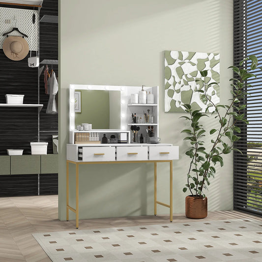 LED Vanity Table with Mirror, 3 Drawers, Storage Shelves, White Dressing & Vanity Tables White at Gallery Canada