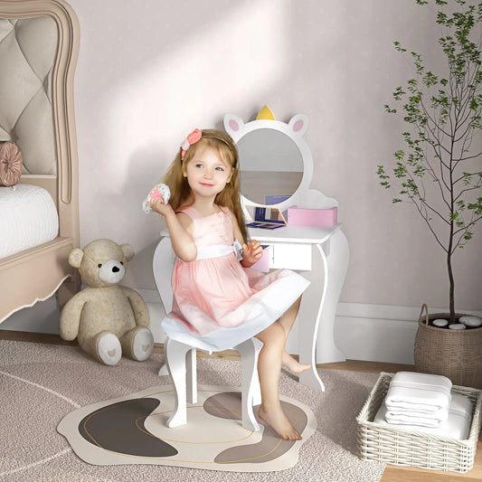 Kit de Coiffeuse pour Enfants avec Tabouret, Miroir, Tiroir, Design Licorne, Blanc