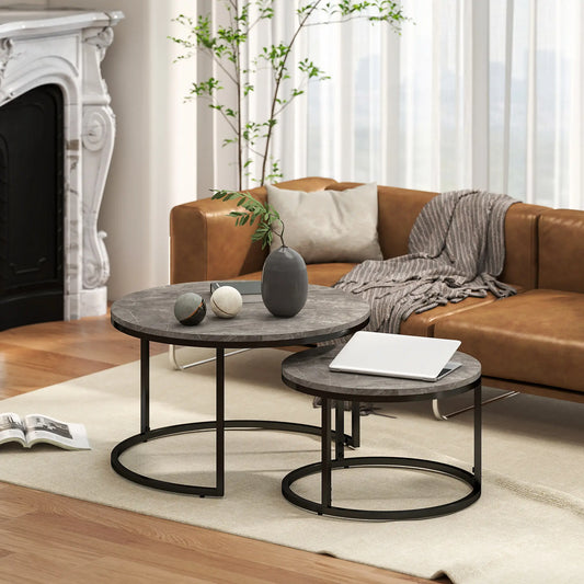Modern Coffee Table Set of 2, Nesting Side Tables, Metal Base, Faux Marbled Grey, Grey Coffee Tables Grey at Gallery Canada