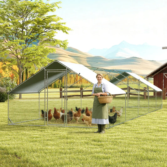 Metal Chicken Coop with Water- and UV-Protection Cover for Backyard Hen, Duck, Rabbit, 32.8' x 9.8' x 6.4' Chicken Coops Silver at Gallery Canada