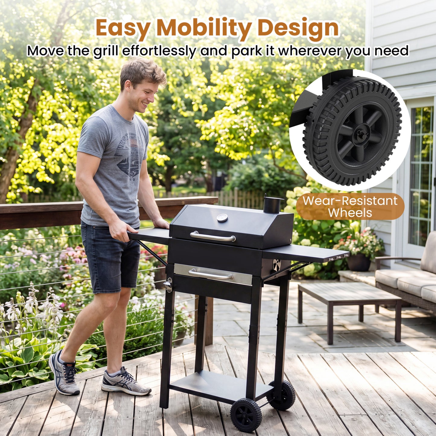 Charcoal Grill with 2 Side Tables & Thermometer and Wheels 284 sq.in. Outdoor Grills at Gallery Canada