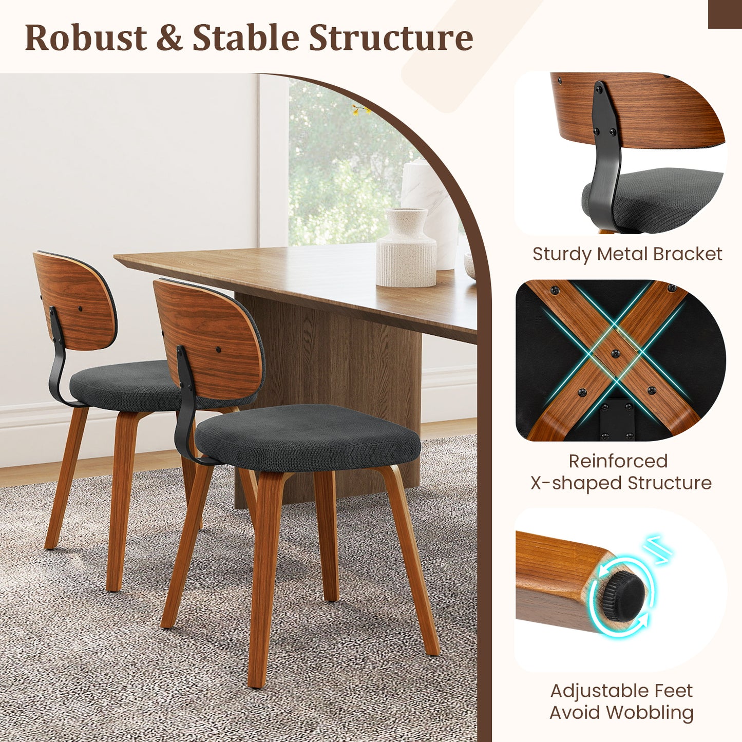 Chenille Fabric Upholstered Wooden Kitchen Chairs Set of 4, Dark Gray Dining Chairs at Gallery Canada