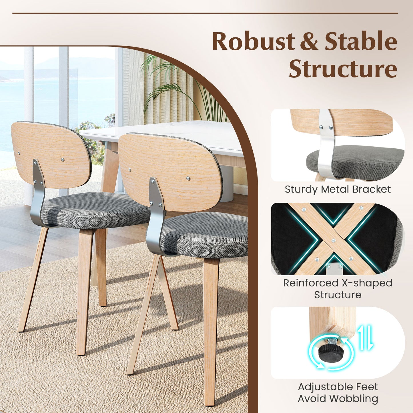 Chenille Fabric Upholstered Wooden Kitchen Chairs Set of 2, Gray Dining Chairs at Gallery Canada