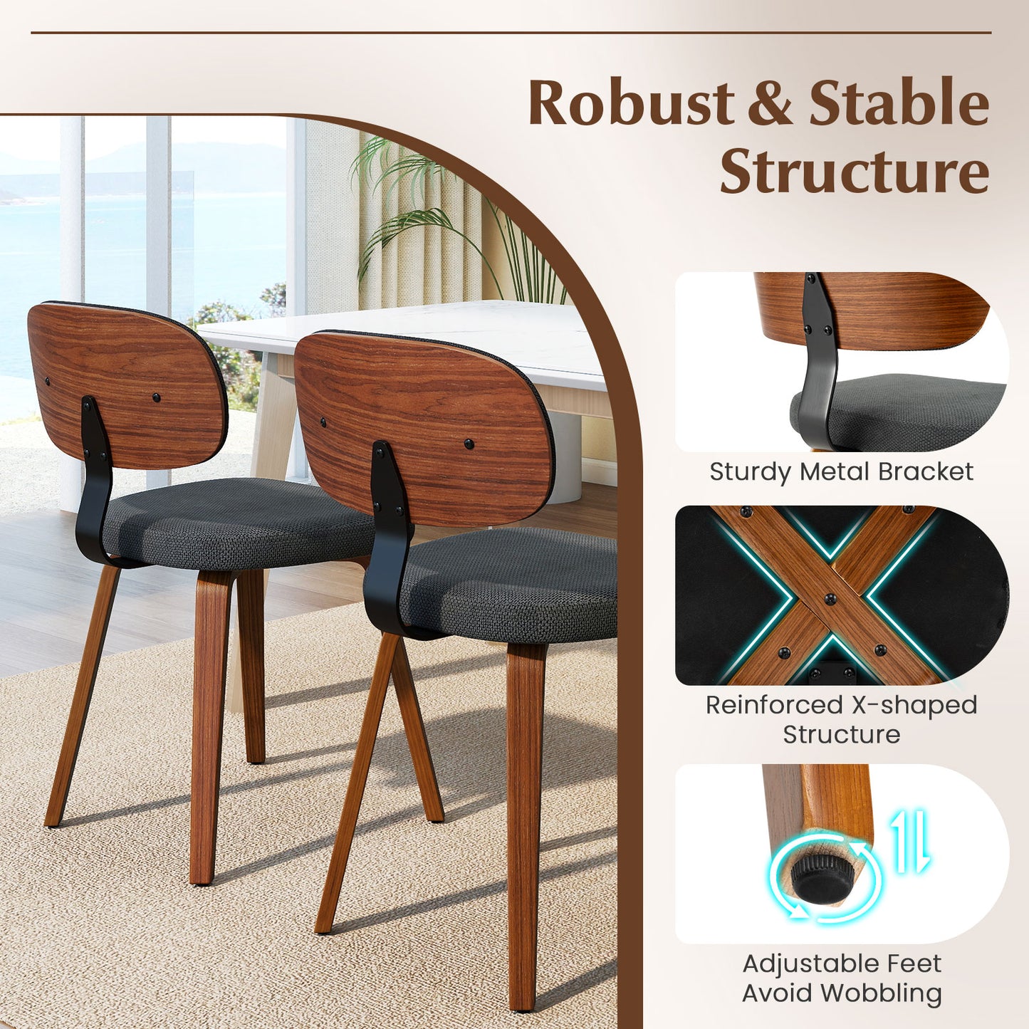 Chenille Fabric Upholstered Wooden Kitchen Chairs Set of 2, Dark Gray Dining Chairs at Gallery Canada