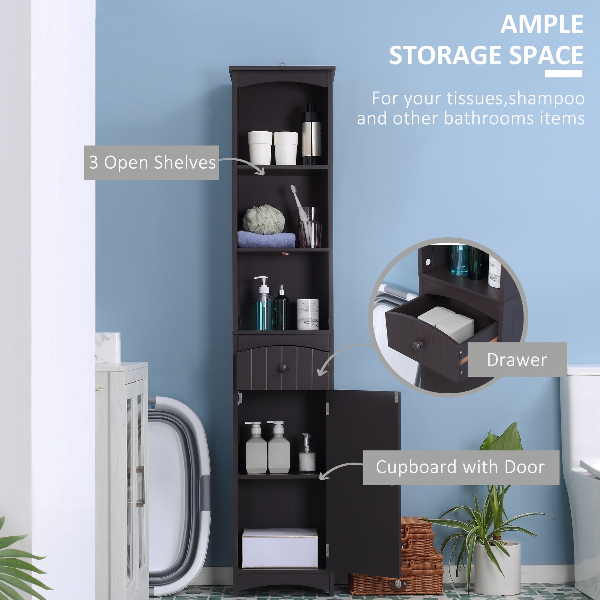Tall Bathroom Cabinet Storage Organizer, Linen Tower with Shelves and Drawer at Gallery Canada