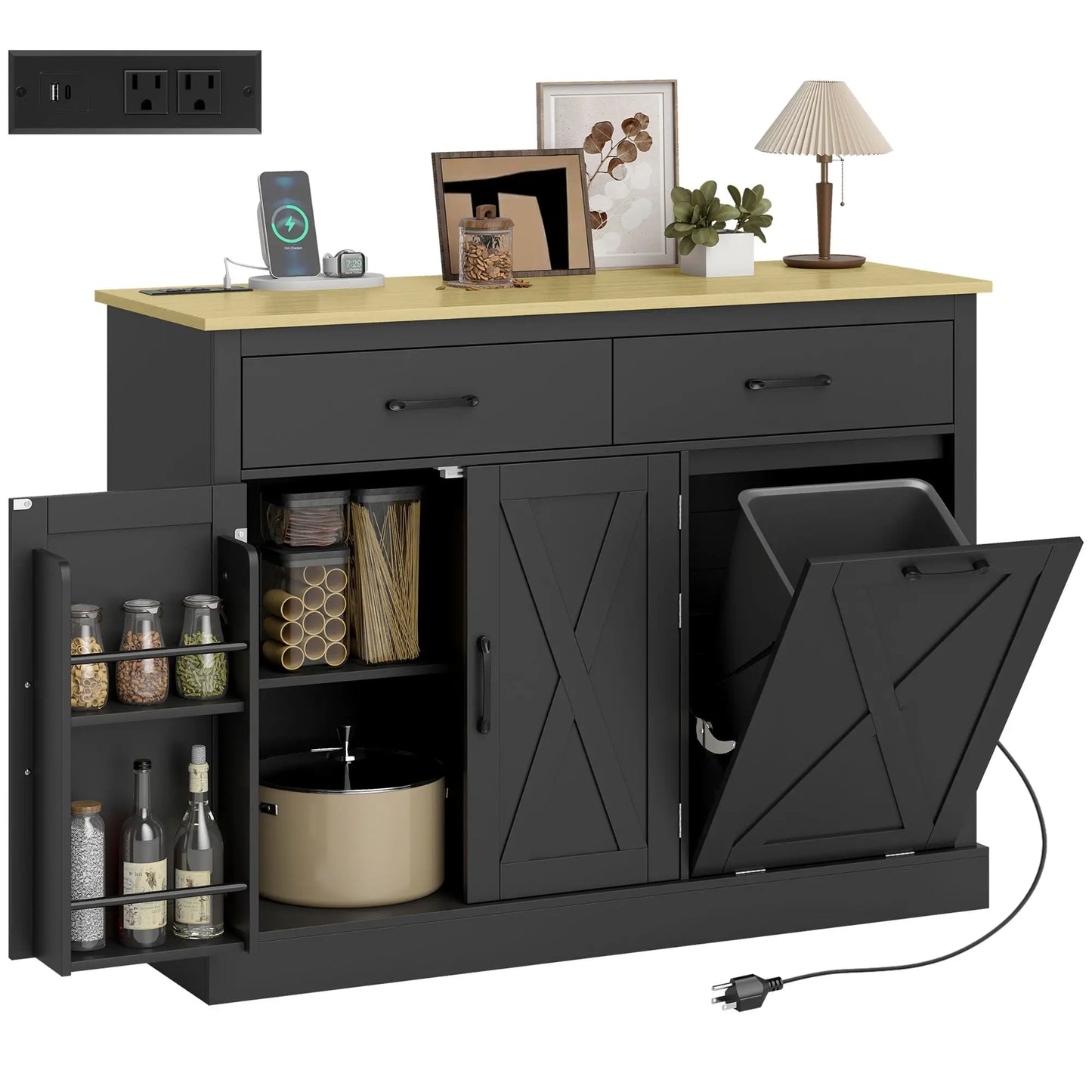 7 Gallon Tilt Out Garbage Cabinet, Kitchen Island With Charging Station, Black Storage Cabinets at Gallery Canada