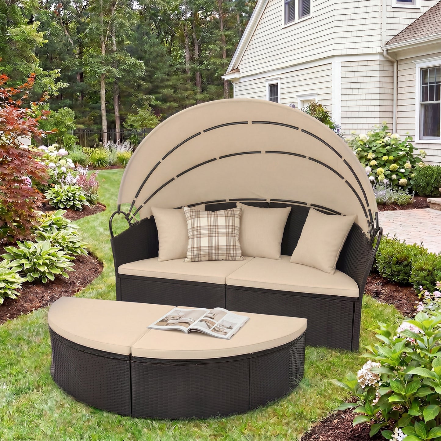 Clamshell Patio Round Daybed Wicker with Retractable Canopy and Pillows, Brown Outdoor Sectionals at Gallery Canada