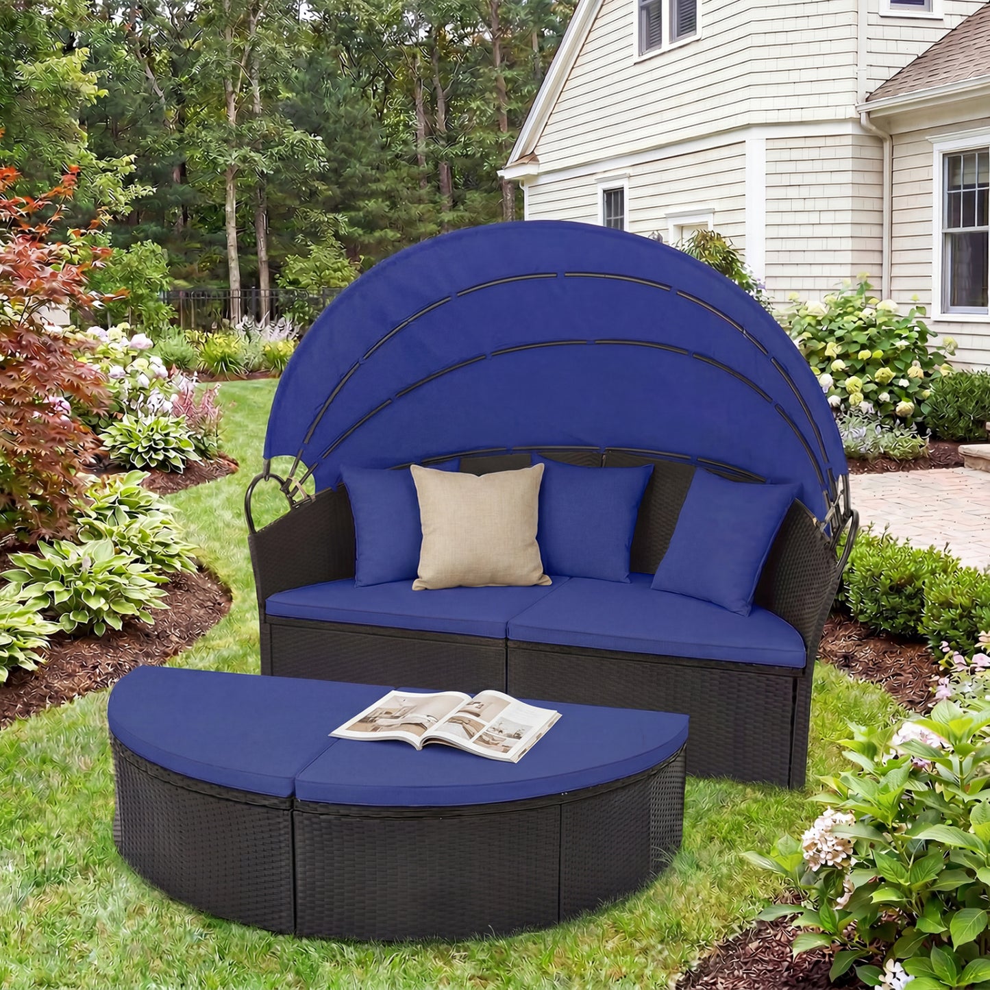 Clamshell Patio Round Daybed Wicker with Retractable Canopy and Pillows, Navy Outdoor Sectionals at Gallery Canada