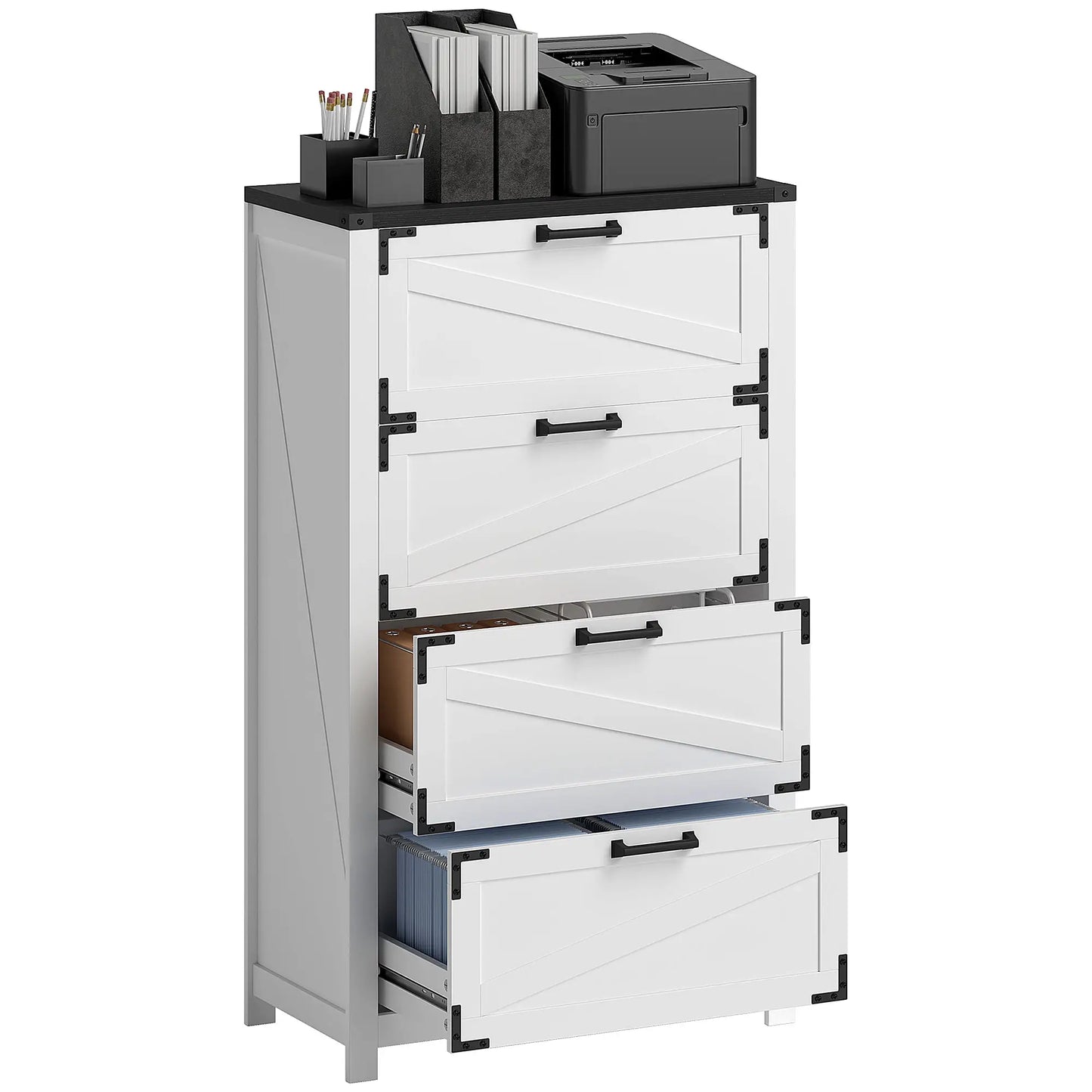 4 Drawer Filing Cabinet, Farmhouse Office Storage, Adjustable Hanging Bars, Letter A4 Legal Size, White Office Cabinets & Cupboards at Gallery Canada