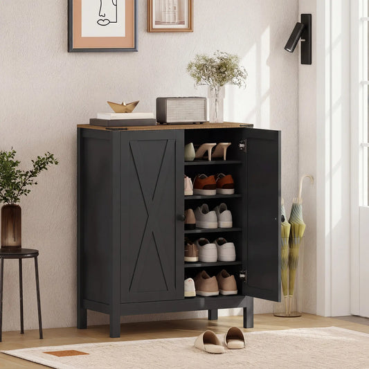 Shoe Cabinet With Barn Doors, Adjustable Shelves, 15 Pairs, Black Shoe Storage Cabinets & Racks Black, Dark Brown at Gallery Canada