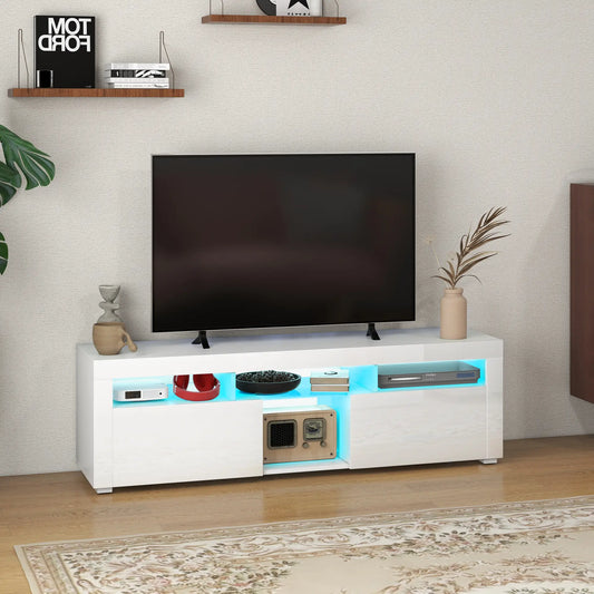 Modern TV Stand with Storage, LED Lights, 55", High Gloss, White TV Stands High Gloss White at Gallery Canada