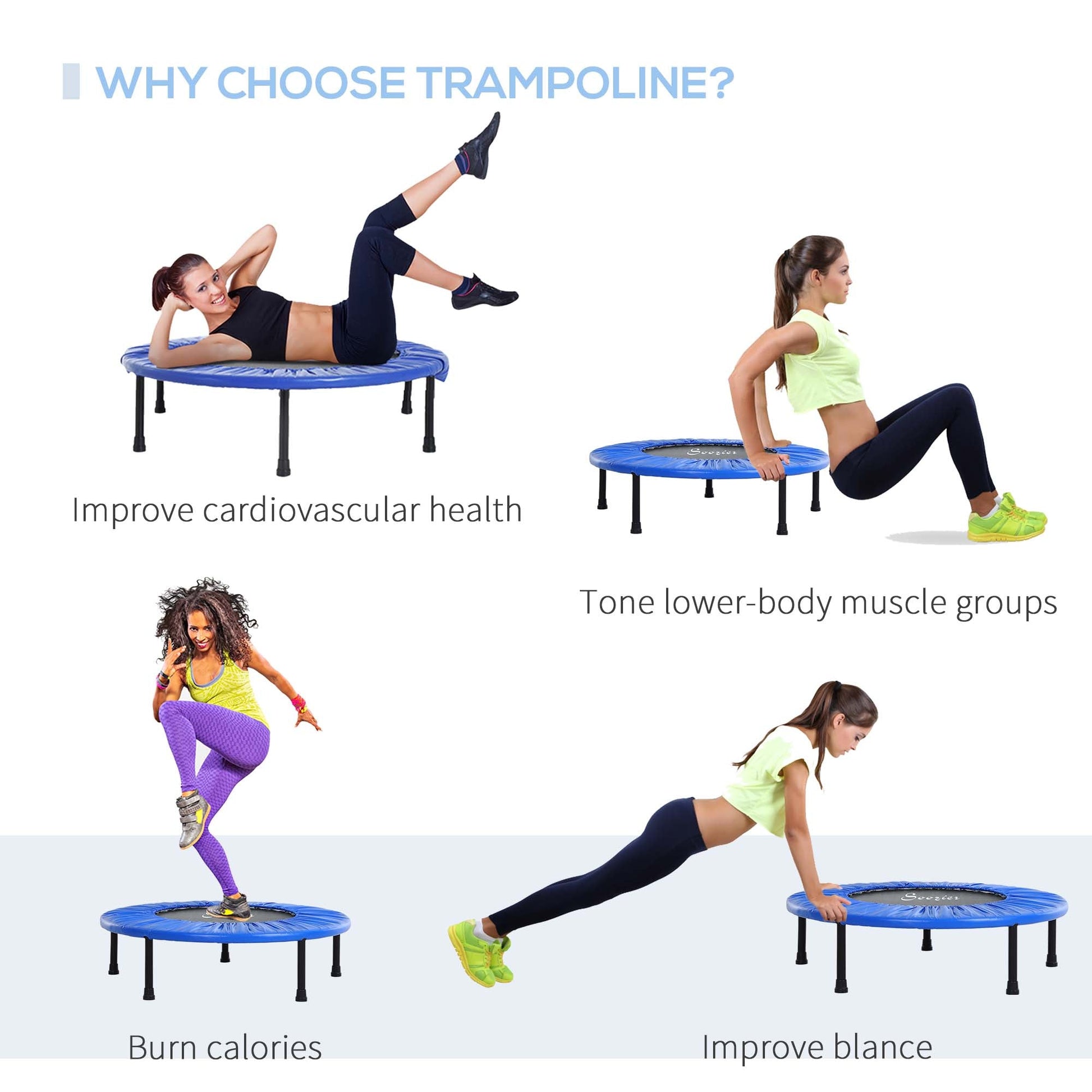 Φ38” Foldable Mini Fitness Trampoline Home Gym Yoga Exercise Rebounder Indoor Outdoor Jumper with Safety Pad, Blue/Black at Gallery Canada