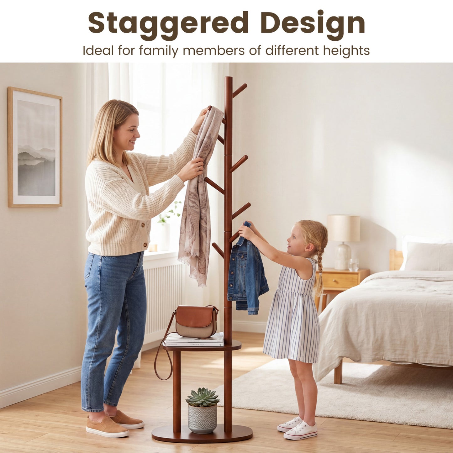 Coat Rack with 8 Rubber Wood Hooks and 2 Storage Shelves, Walnut Coat Racks & Hall Trees at Gallery Canada