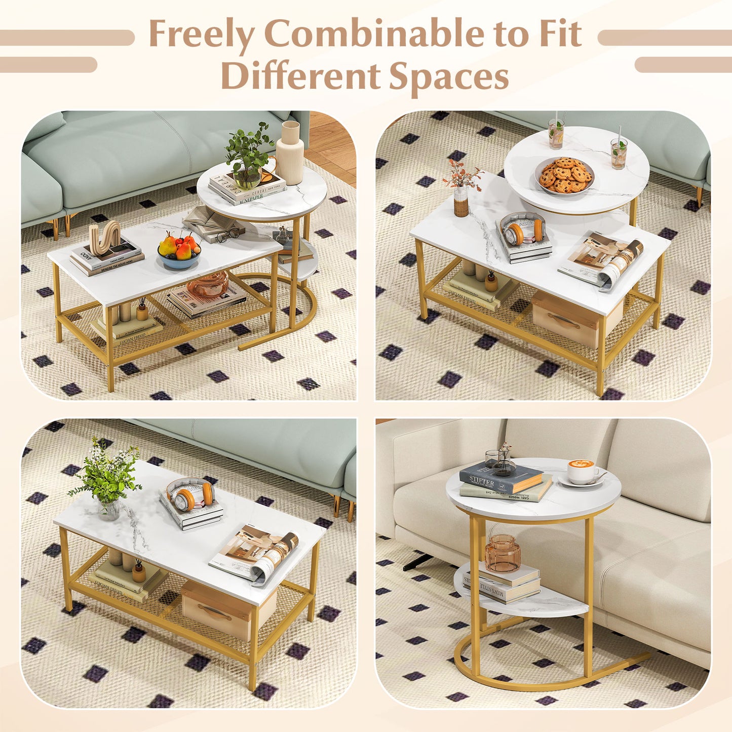 2-Tier Rectangle Coffee Table & Side End Table with Shelves, Golden, White Coffee Tables at Gallery Canada
