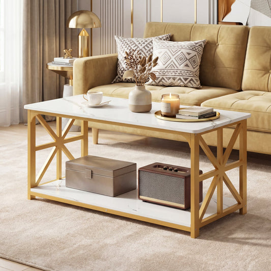 Coffee Table 2-Tier with Storage Shelf, & Golden, White Coffee Tables White & Golden at Gallery Canada
