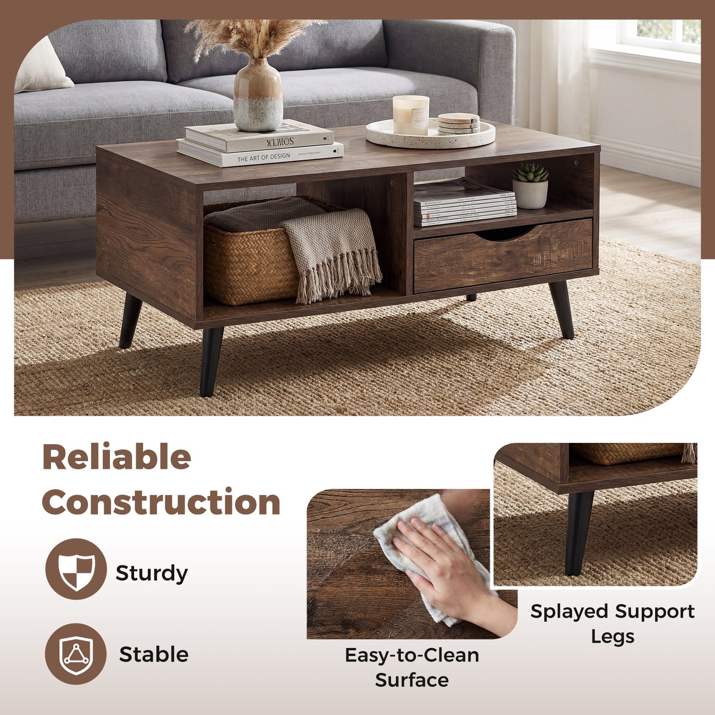 Rustic Walnut Coffee Table With Storage, Rectangle Center Table Coffee Tables at Gallery Canada