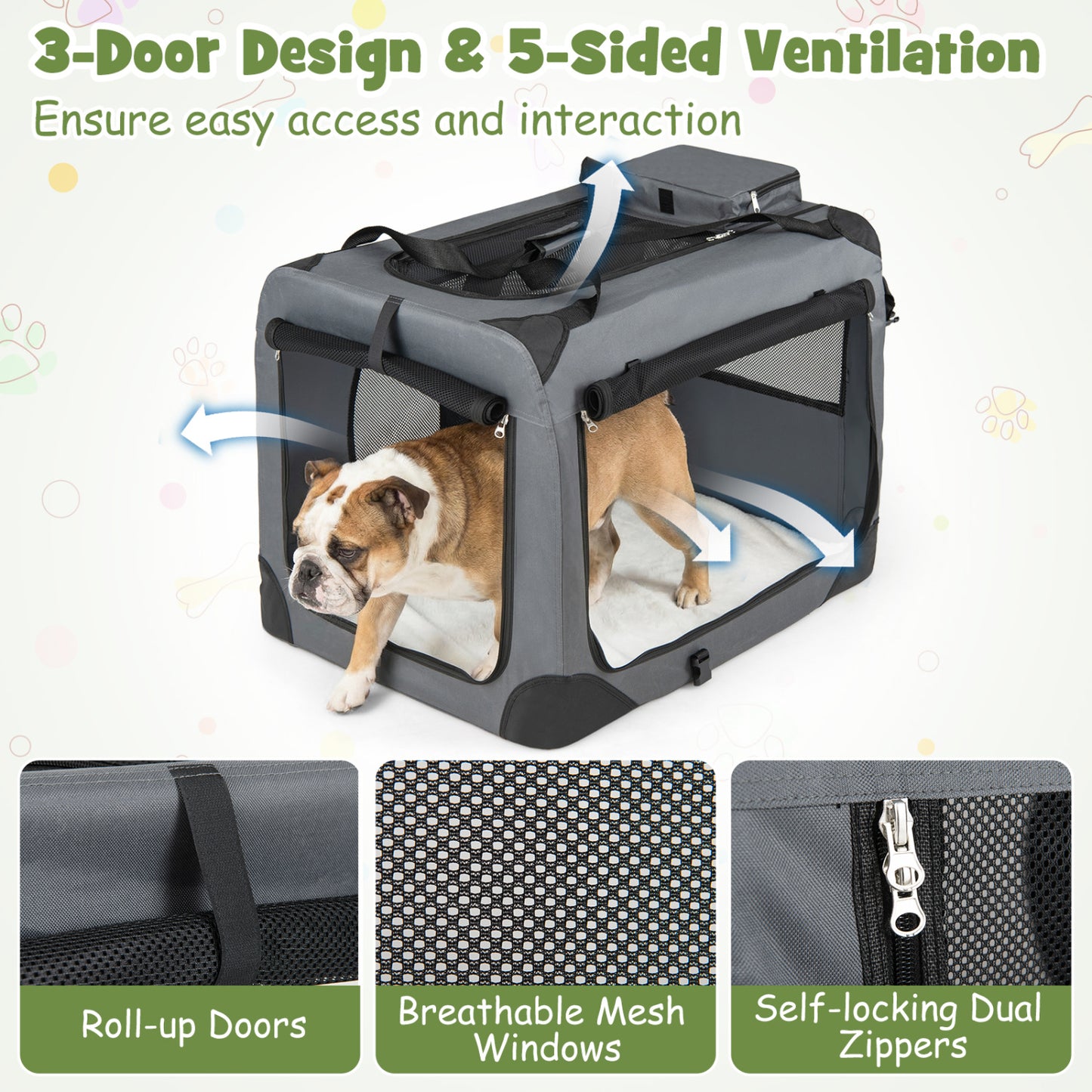 Collapsible Soft Dog Crate Travel Crate with Mesh Windows and 3 Doors-L, Gray Dog Kennels at Gallery Canada