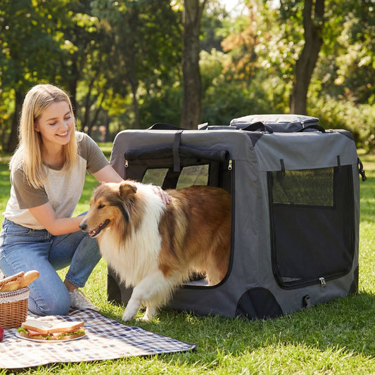 Collapsible Soft Dog Crate Travel Crate with Mesh Windows and 3 Doors-XL, Gray Dog Kennels Gray at Gallery Canada