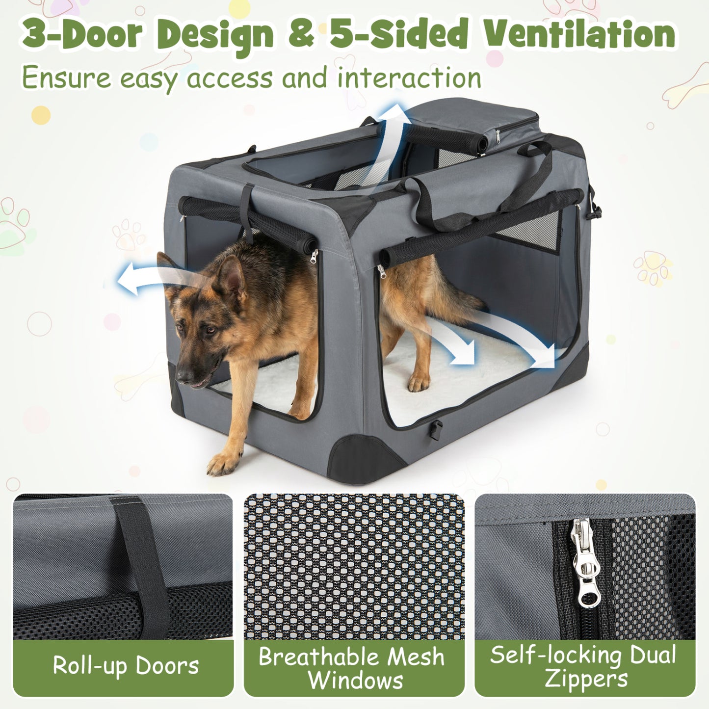 Collapsible Soft Dog Crate Travel Crate with Mesh Windows and 3 Doors-XL, Gray Dog Kennels at Gallery Canada