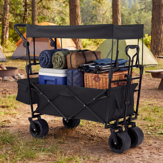 Collapsible Wagon, Removable Canopy, Adjustable Handles, Black Camping Furniture Black at Gallery Canada