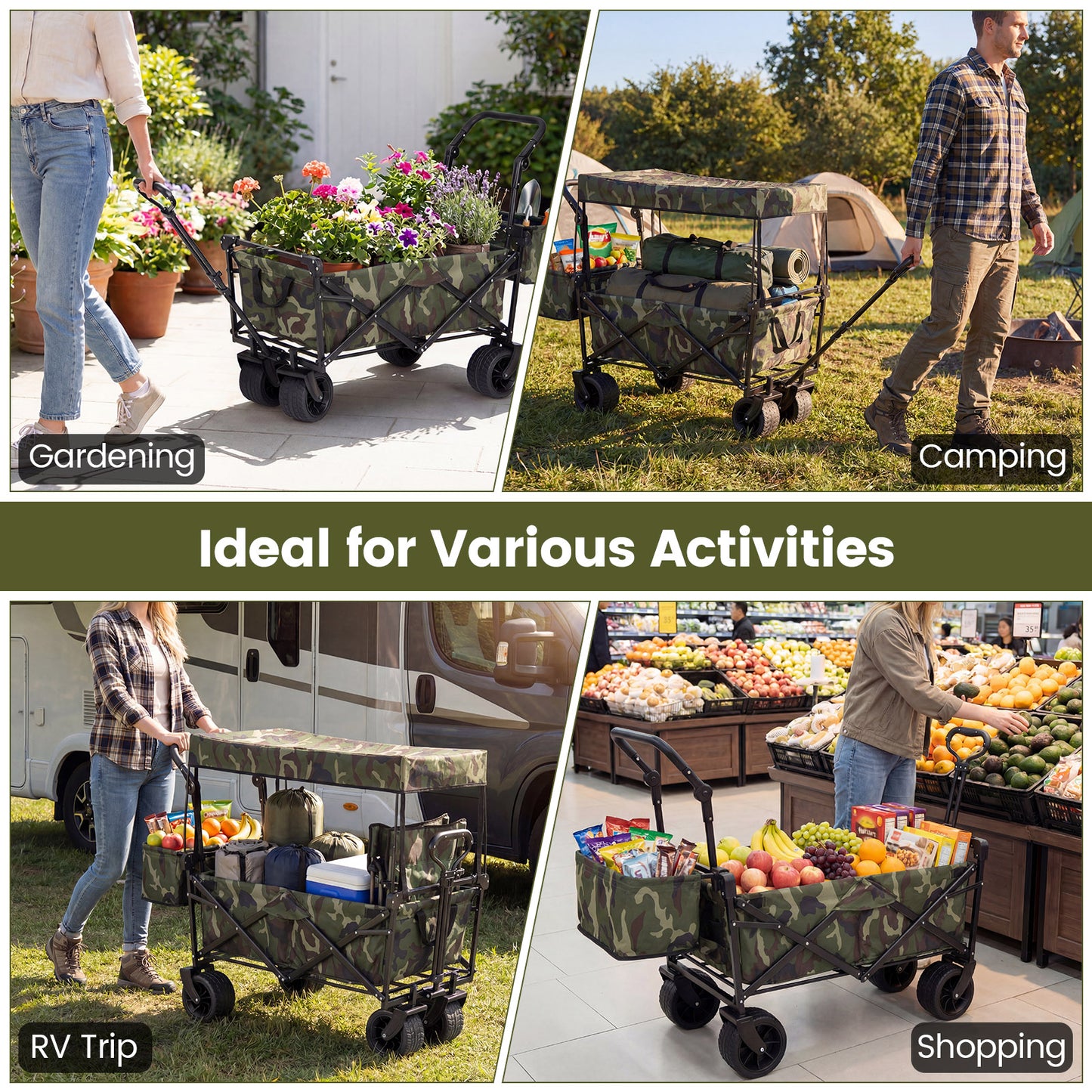 Collapsible Wagon, Removable Canopy, Detachable Storage Bag, Green Camping Furniture at Gallery Canada