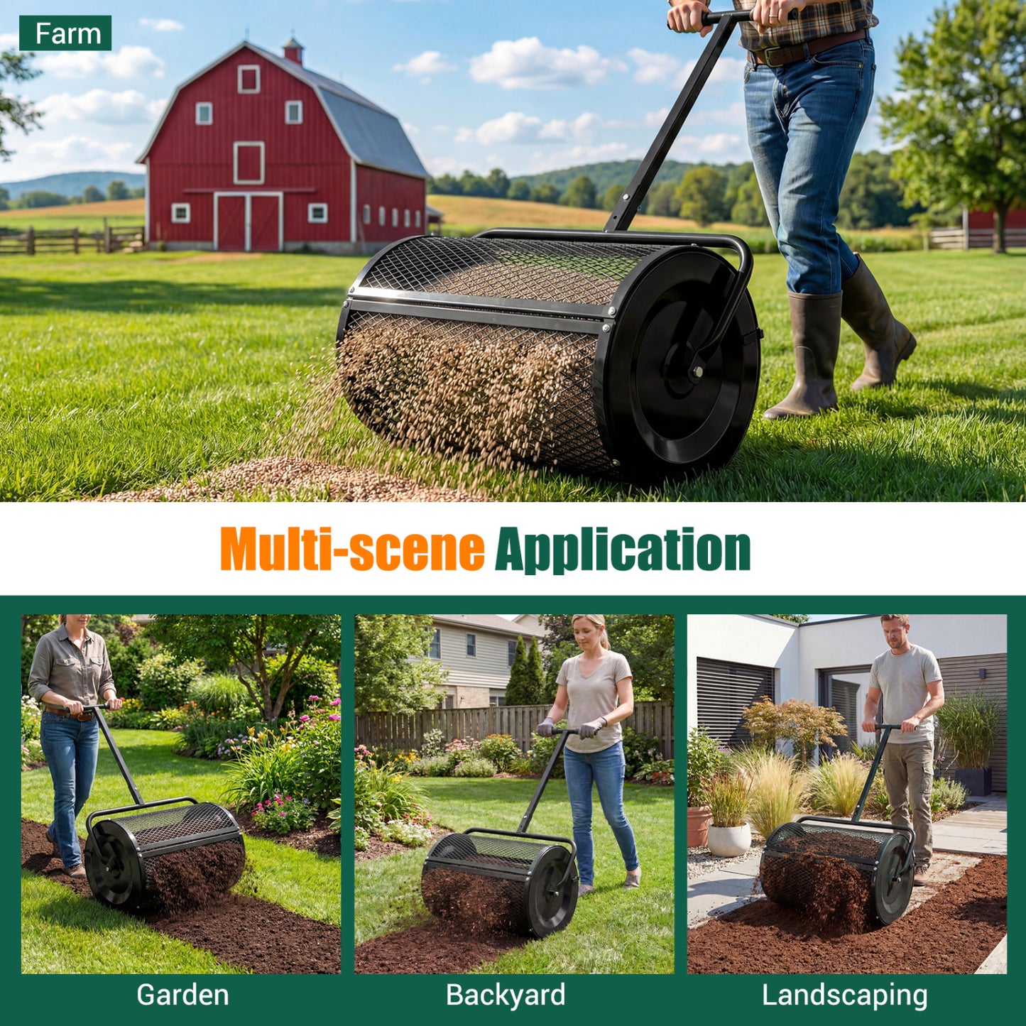 24 Inch Peat Moss Spreader Roller, Height-Adjustable T-Shape Handle, Black Lawn Care Tools at Gallery Canada
