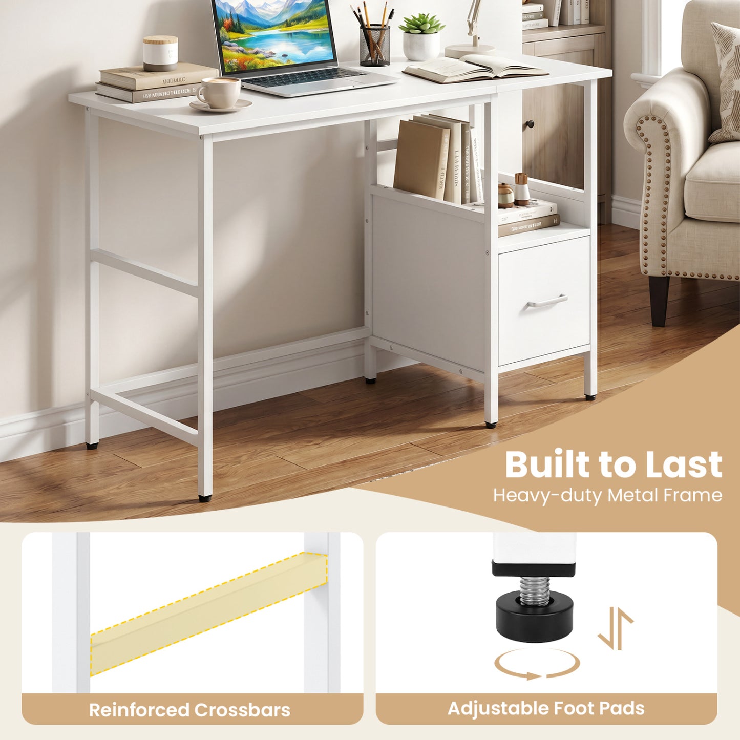 Computer Desk Modern Office Desk with Open Shelf and Storage Drawer, White