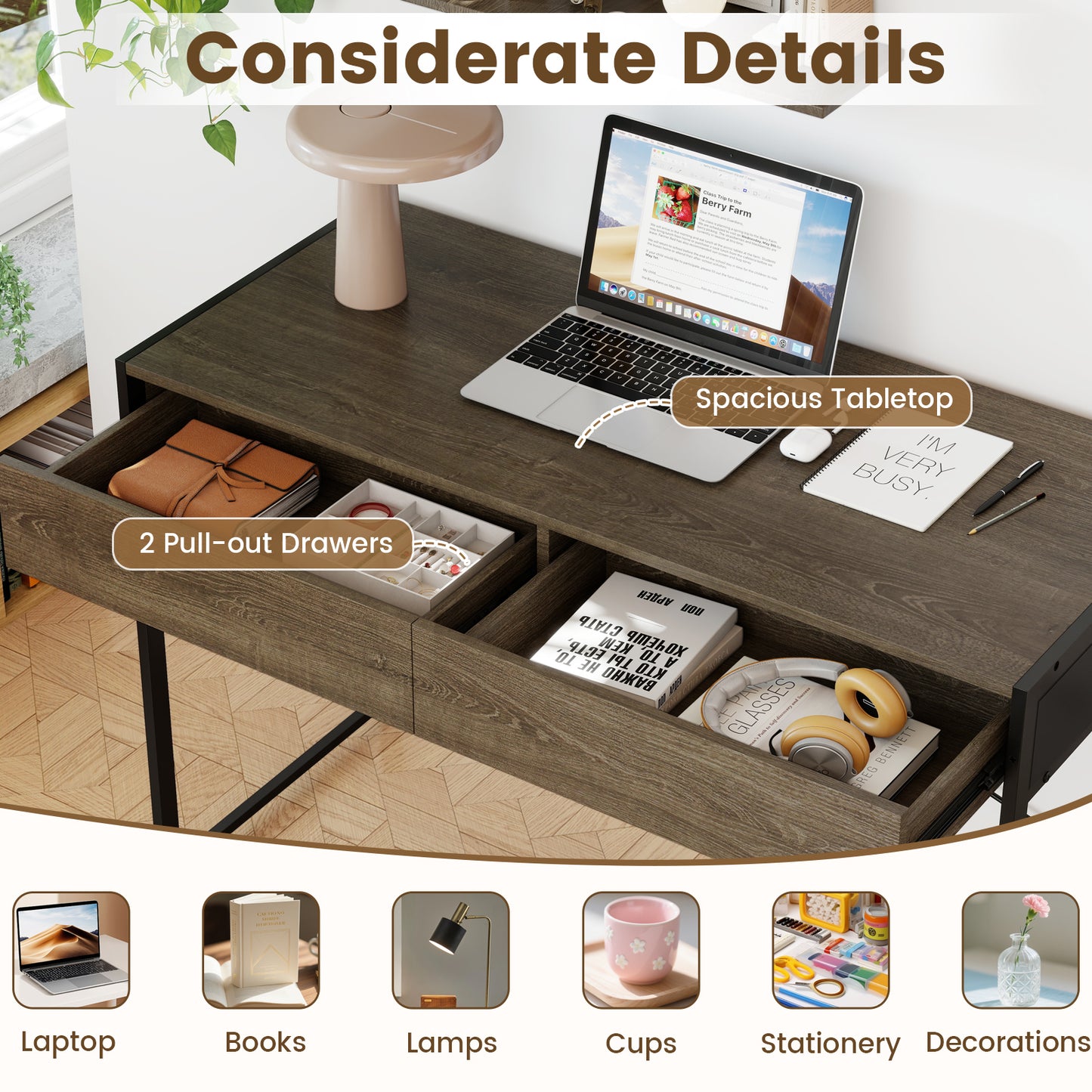 Computer Desk with 2 Drawers 44 Inch Home Office Desk with Metal Frame, Oak Computer Desks at Gallery Canada