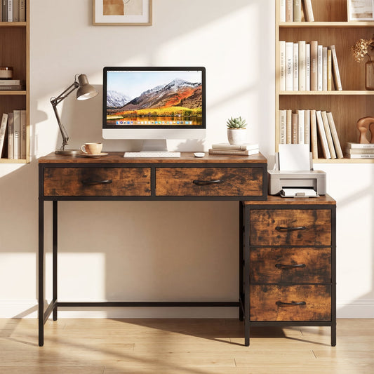 Computer Desk With 5 Drawers, Printer Stand, Brown Computer Desks Rustic Brown at Gallery Canada