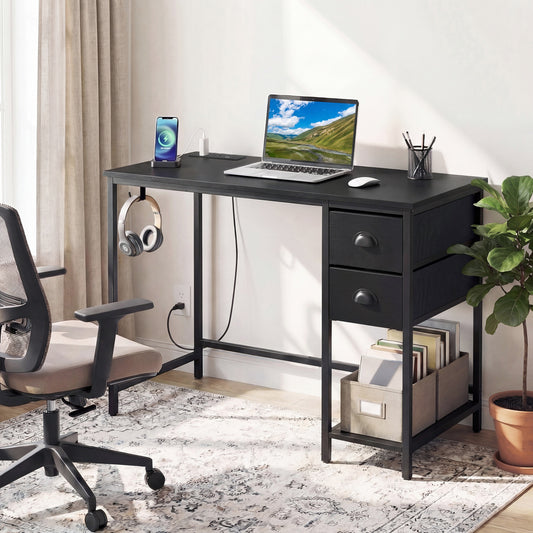 Bureau d'ordinateur avec station de recharge, 2 tiroirs en tissu, noir