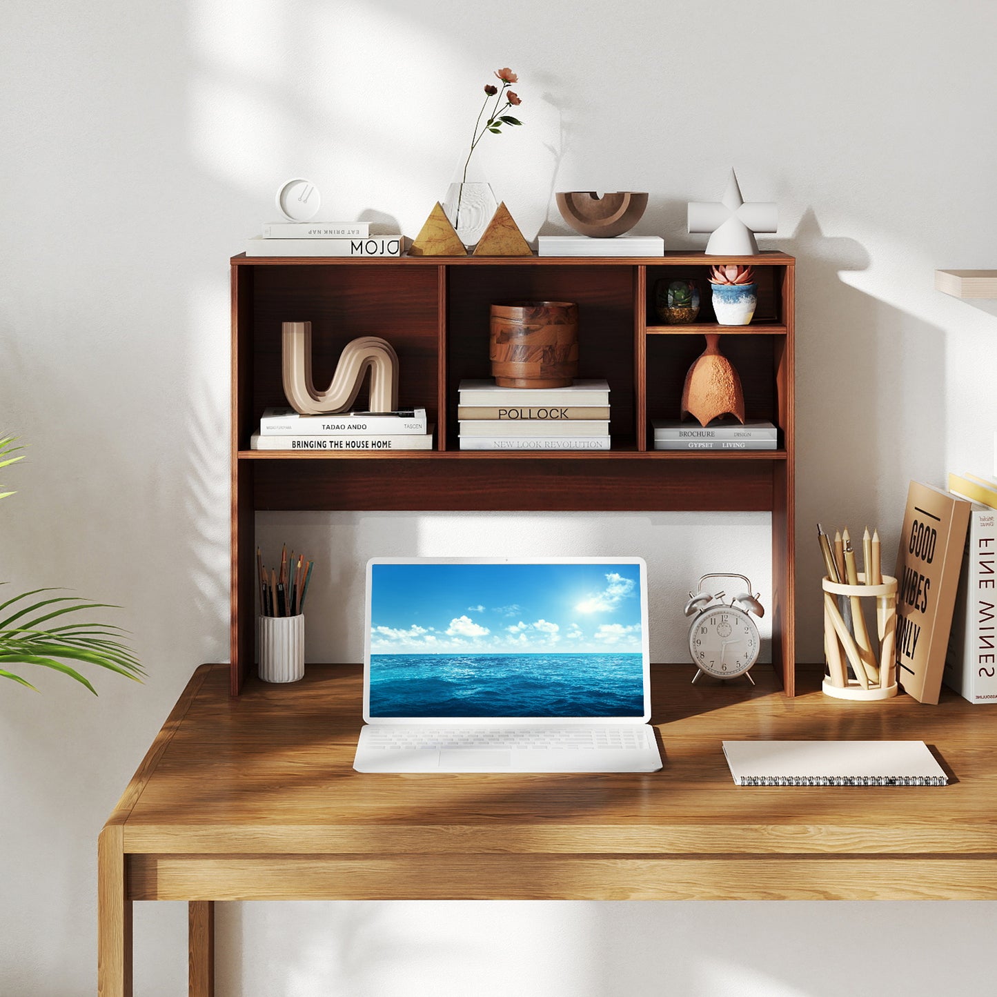 Computer Desktop Bookcase with 4 Cubbies and Open Back Compartment-HT, Walnut Bookcases at Gallery Canada