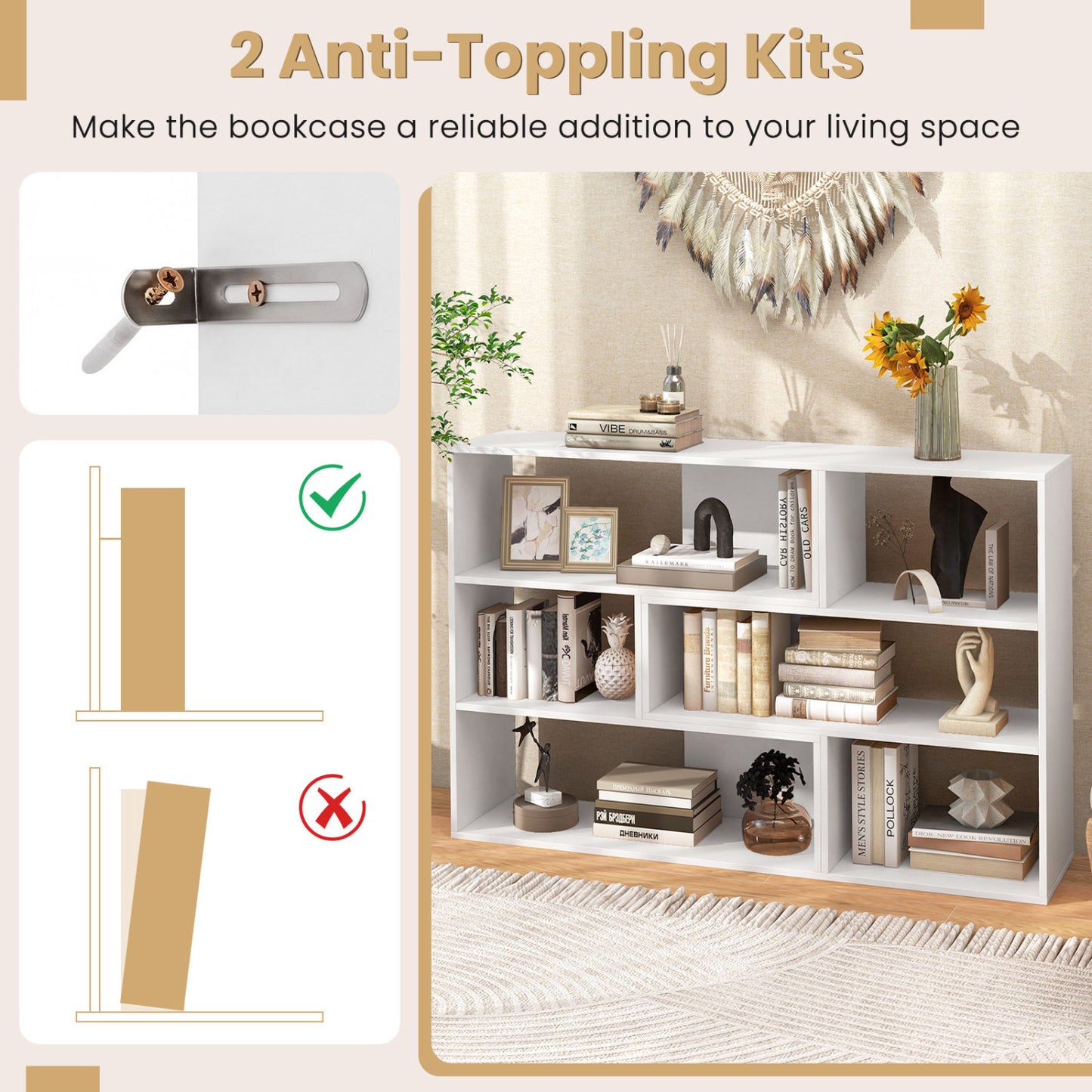 Concave & Convex Bookshelf Set, 3 Shelves, Anti-Toppling, White