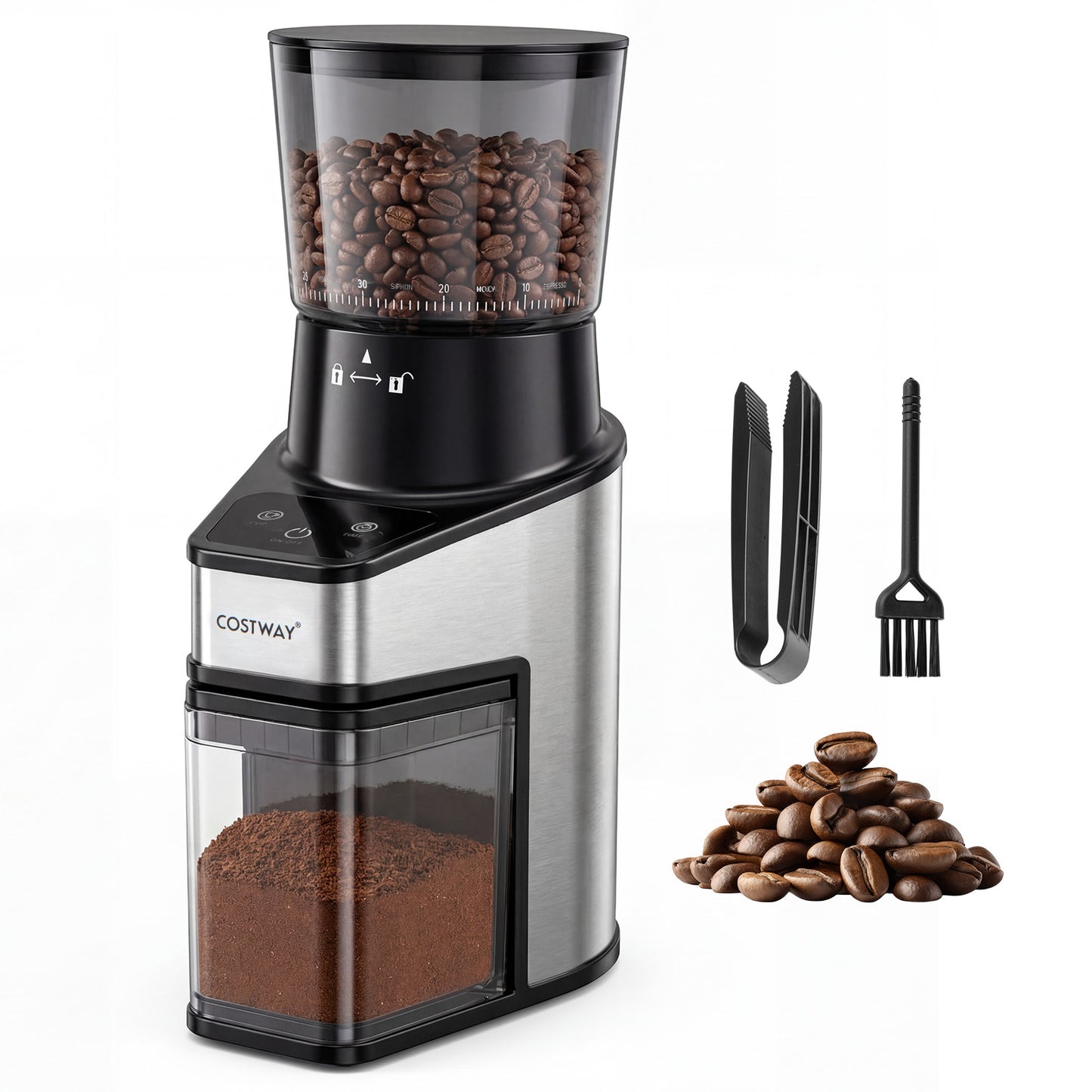 Conical Burr Coffee Grinder, 60 Grinding Settings, Digital Display, Silver Juicers & Coffee Machines Silver at Gallery Canada