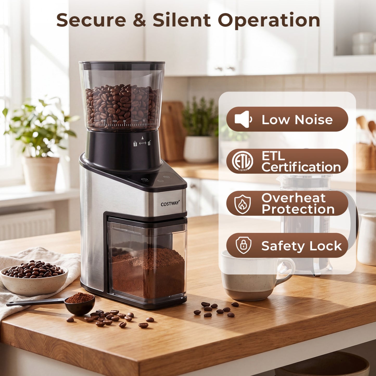 Conical Burr Coffee Grinder, 60 Grinding Settings, Digital Display, Silver Juicers & Coffee Machines at Gallery Canada