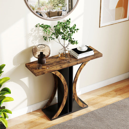 Console Table 39.5 Inch Rectangular Entryway Table with Geometric Frame, Rustic Brown