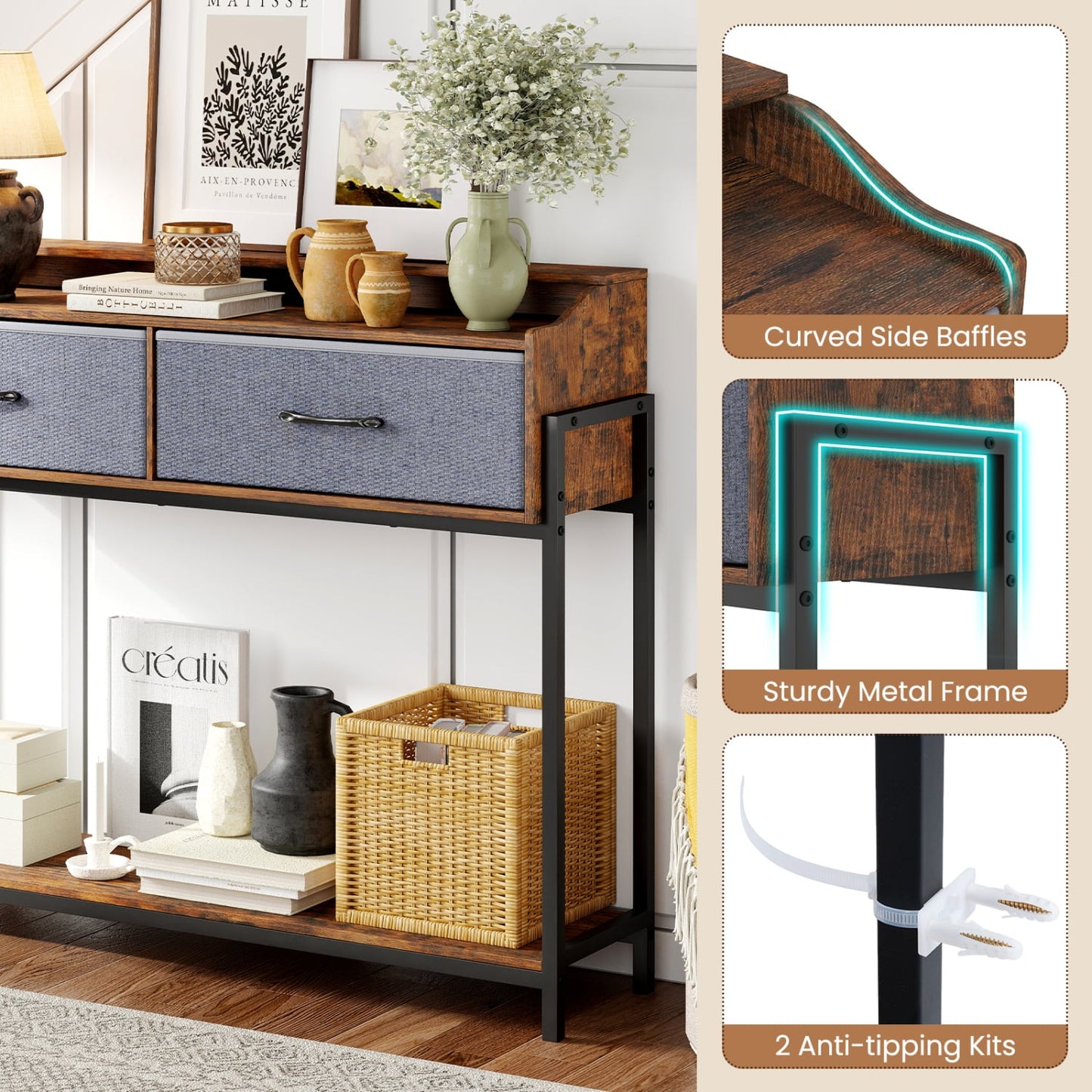 Table console avec station de charge, 110 cm, brun rustique