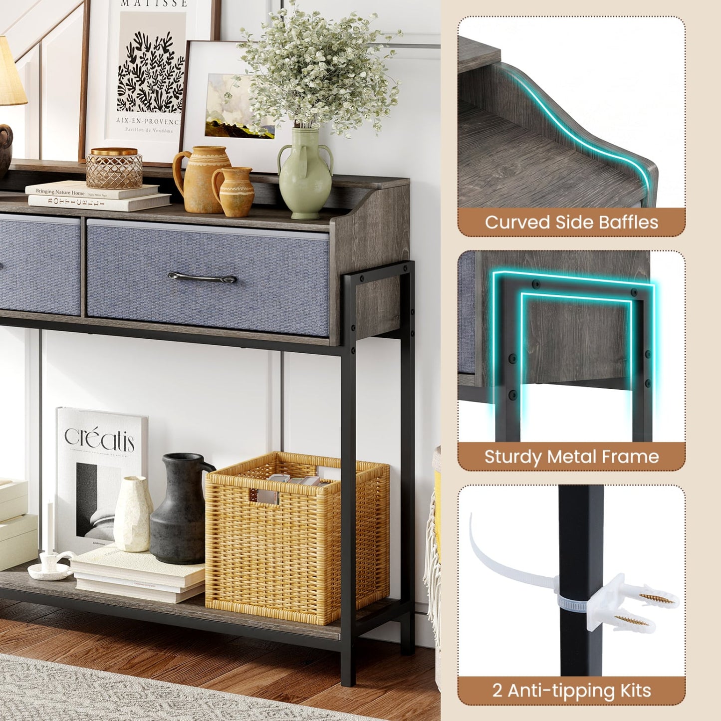 Table console avec station de charge, 110 cm, gris